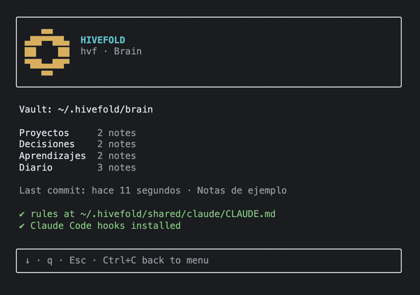 hvf's brain view: the vault path, how many notes are in Projects, Decisions, Learnings and Journal, the last commit, and the rules and hooks checks marked as fine.
