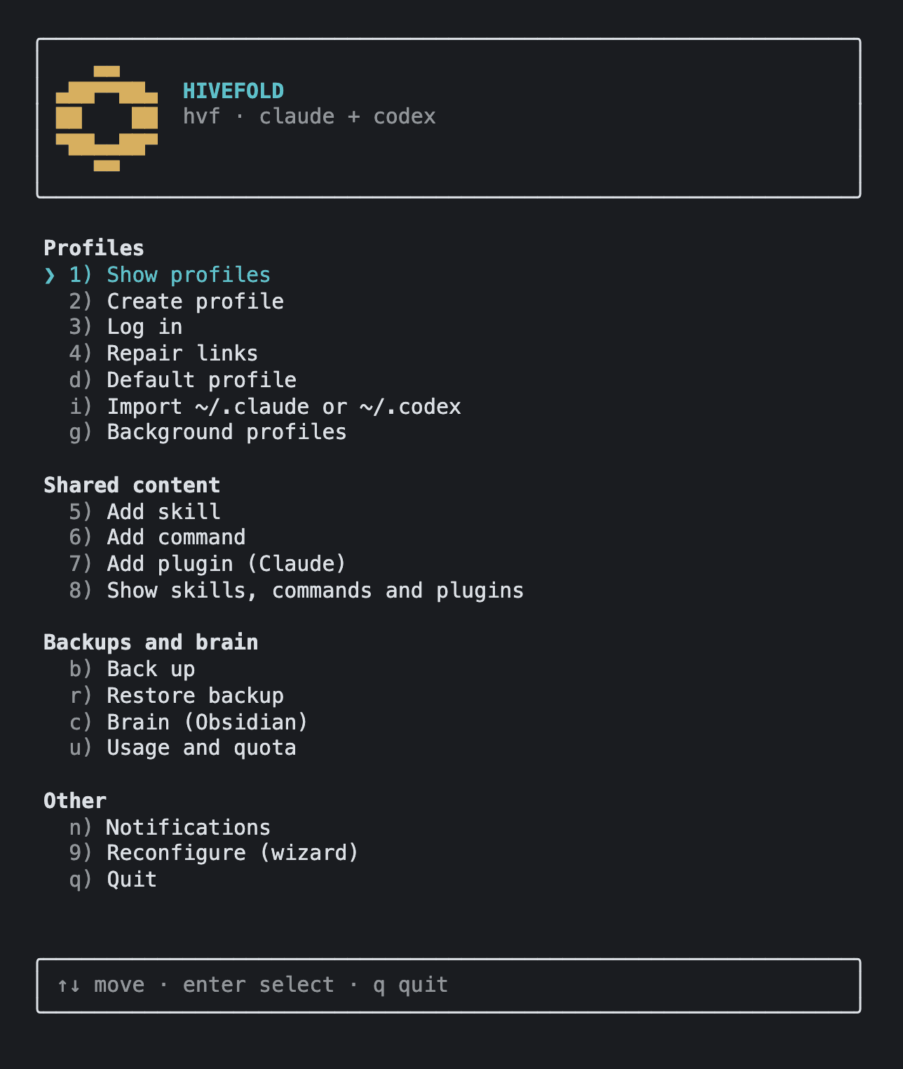 hvf's full-screen menu in the terminal: the hexagon logo on top and the options grouped into Profiles, Shared content, Backups and brain, and Other.